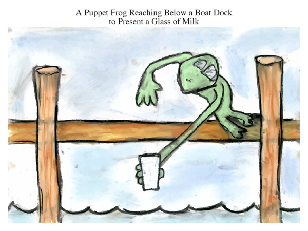 A Puppet Frog Reaching Below a Boat Dock to Present a Glass of Milk