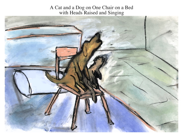 A Cat and a Dog on One Chair on a Bed with Heads Raised and Singing