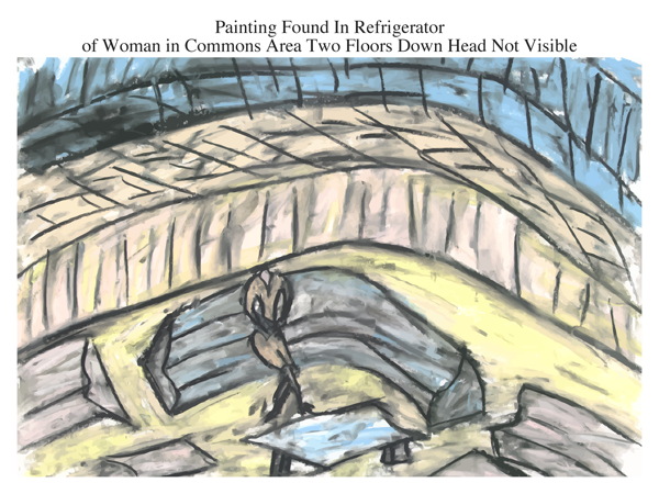 Painting Found In Refrigerator of Woman in Commons Area Two Floors Down Head Not Visible