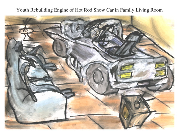 Youth Rebuilding Engine of Hot Rod Show Car in Family Living Room