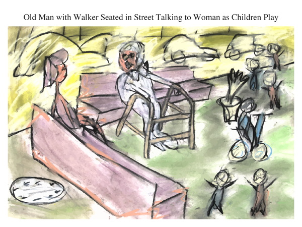 Old Man with Walker Seated in Street Talking to Woman as Children Play