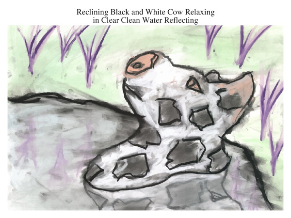 Reclining Black and White Cow Relaxing in Clear Clean Water Reflecting