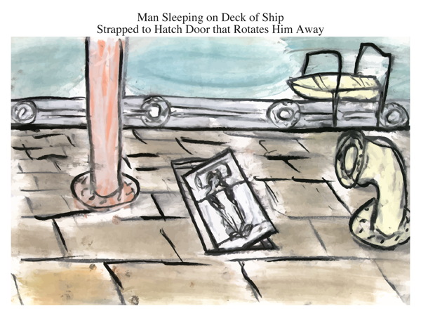Man Sleeping on Deck of Ship Strapped to Hatch Door that Rotates Him Away