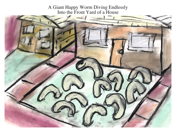 A Giant Happy Worm Diving Endlessly Into the Front Yard of a House