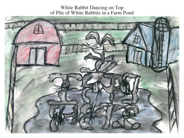 White Rabbit Dancing on Top of Pile of White Rabbits in a Farm Pond