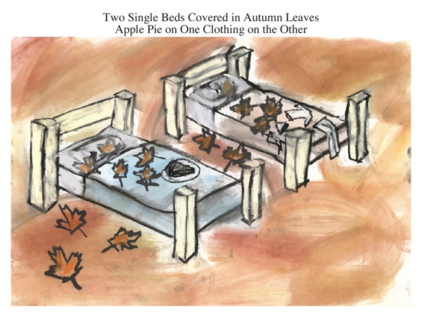Two Single Beds Covered in Autumn Leaves Apple Pie on One Clothing on the Other
