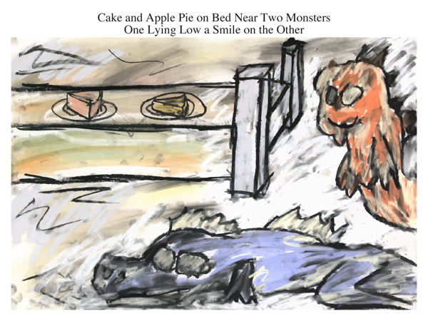 Cake and Apple Pie on Bed Near Two Monsters One Lying Low a Smile on the Other