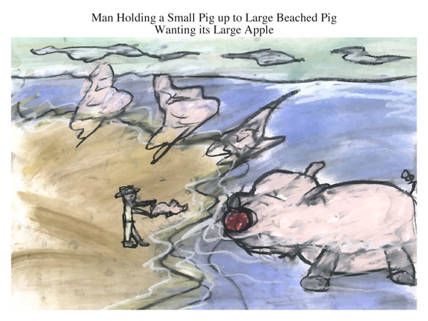Man Holding a Small Pig up to Large Beached Pig Wanting its Large Apple