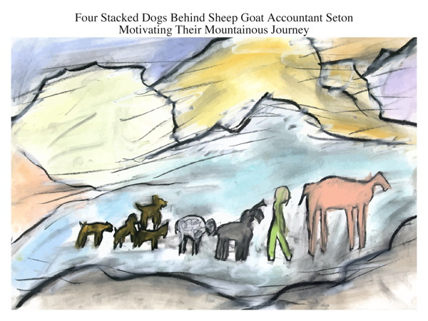 Four Stacked Dogs Behind Sheep Goat Accountant Seton Motivating Their Mountainous Journey