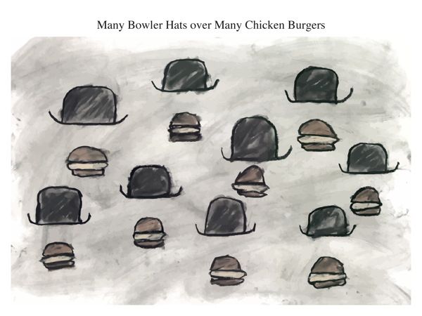 Many Bowler Hats over Many Chicken Burgers