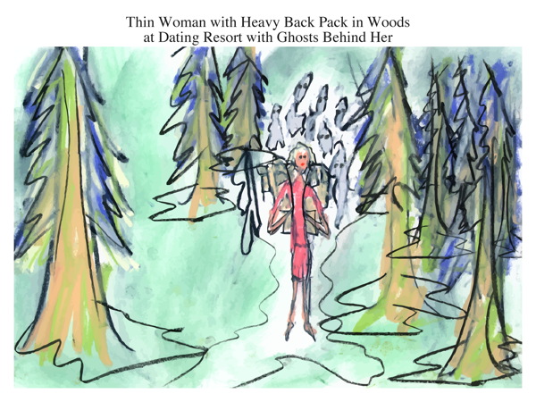 Thin Woman with Heavy Back Pack in Woods at Dating Resort with Ghosts Behind Her