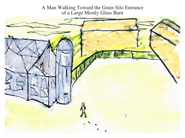 A Man Walking Toward the Grain Silo Entrance of a Large Mostly Glass Barn