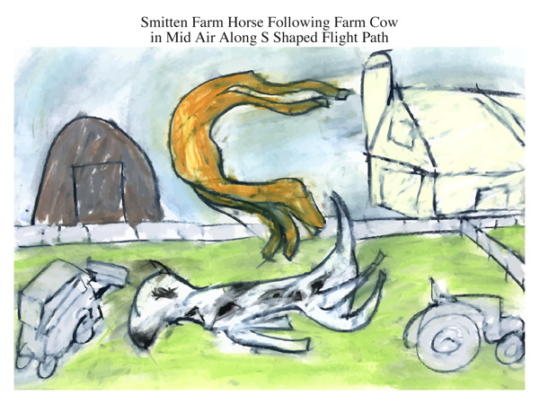 Smitten Farm Horse Following Farm Cow in Mid Air Along S Shaped Flight Path