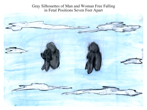 Gray Silhouettes of Man and Woman Free Falling in Fetal Positions Seven Feet Apart