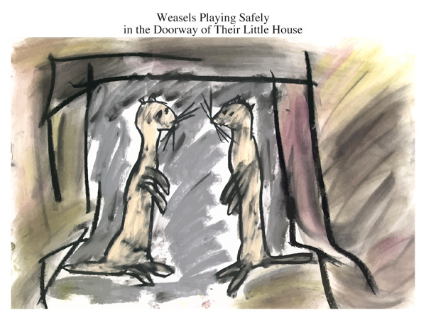 Weasels Playing Safely in the Doorway of Their Little House