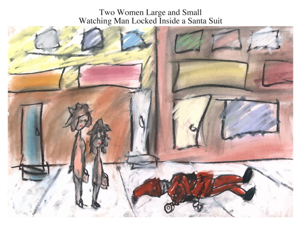 Two Women Large and Small Watching Man Locked Inside a Santa Suit