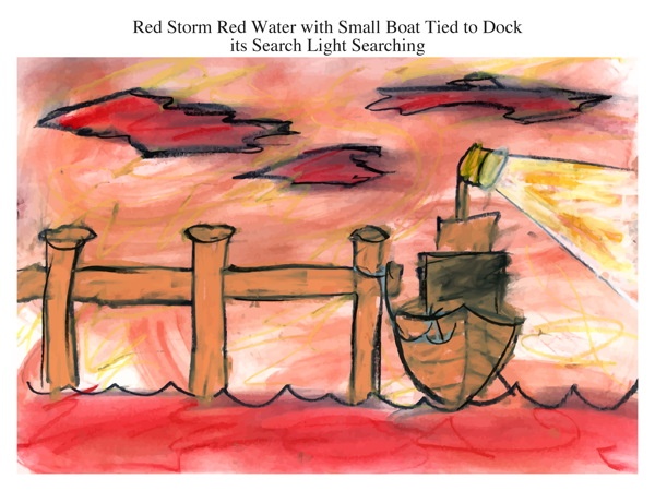 Red Storm Red Water with Small Boat Tied to Dock its Search Light Searching