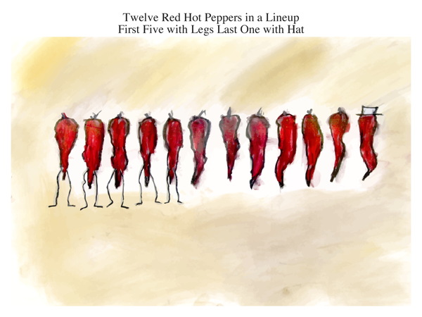 Twelve Red Hot Peppers in a Lineup First Five with Legs Last One with Hat