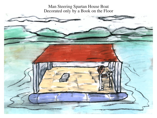 Man Steering Spartan House Boat Decorated only by a Book on the Floor
