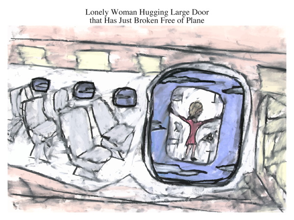 Lonely Woman Hugging Large Door that Has Just Broken Free of Plane
