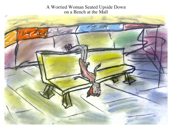 A Worried Woman Seated Upside Down on a Bench at the Mall