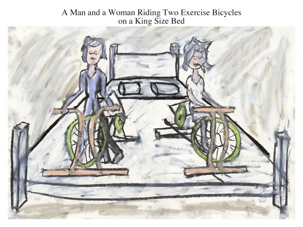 A Man and a Woman Riding Two Exercise Bicycles on a King Size Bed