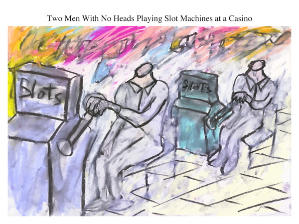 Two Men With No Heads Playing Slot Machines at a Casino