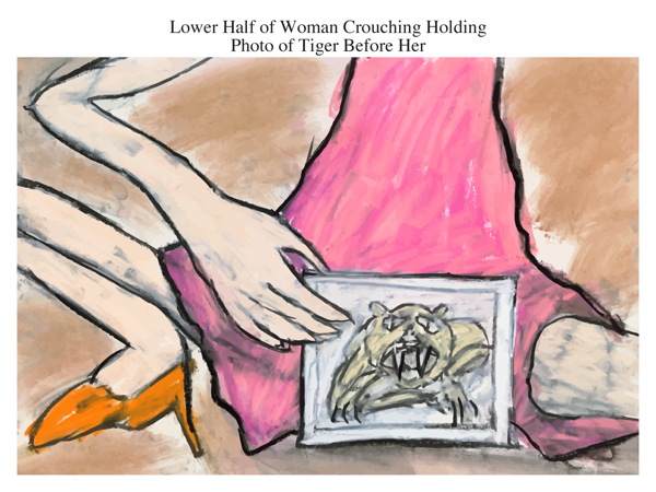 Lower Half of Woman Crouching Holding Photo of Tiger Before Her