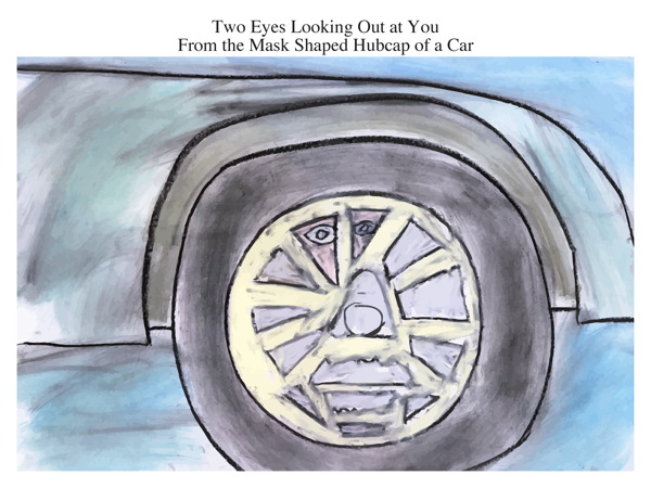 Two Eyes Looking Out at You From the Mask Shaped Hubcap of a Car