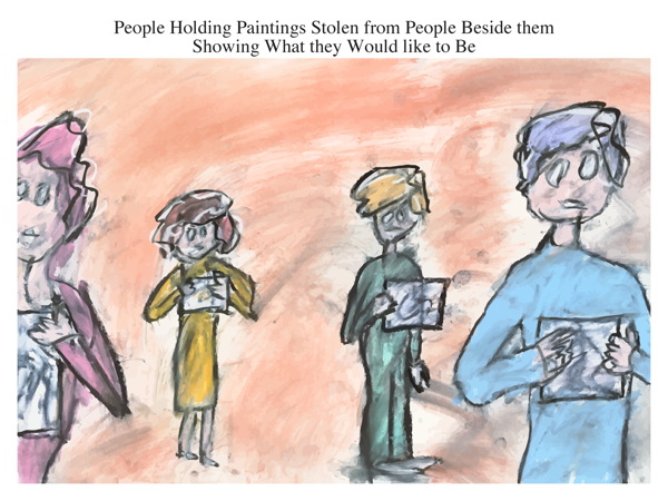 People Holding Paintings Stolen from People Beside them Showing What they Would like to Be