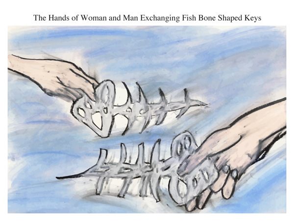 The Hands of Woman and Man Exchanging Fish Bone Shaped Keys