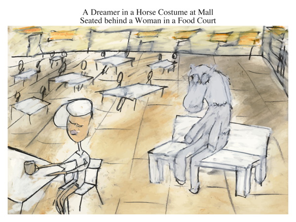 A Dreamer in a Horse Costume at Mall Seated behind a Woman in a Food Court