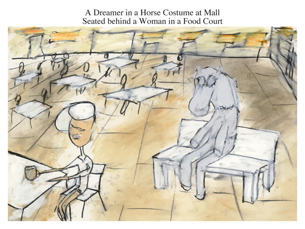 A Dreamer in a Horse Costume at Mall Seated behind a Woman in a Food Court