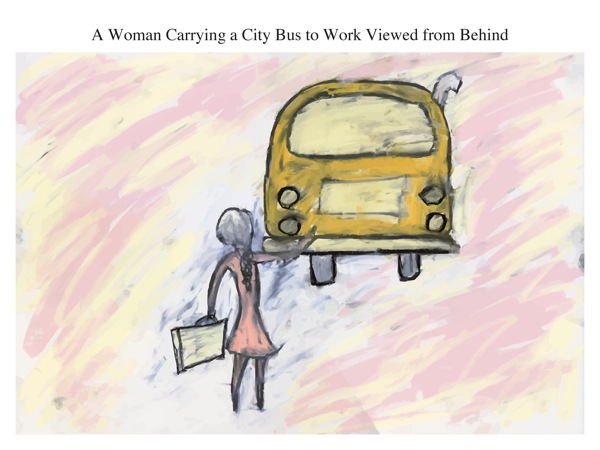 A Woman Carrying a City Bus to Work Viewed from Behind