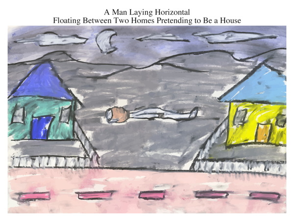 A Man Laying Horizontal Floating Between Two Homes Pretending to Be a House