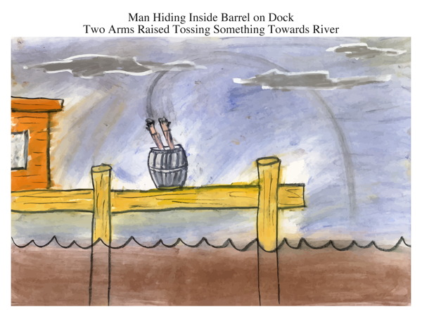 Man Hiding Inside Barrel on Dock Two Arms Raised Tossing Something Towards River