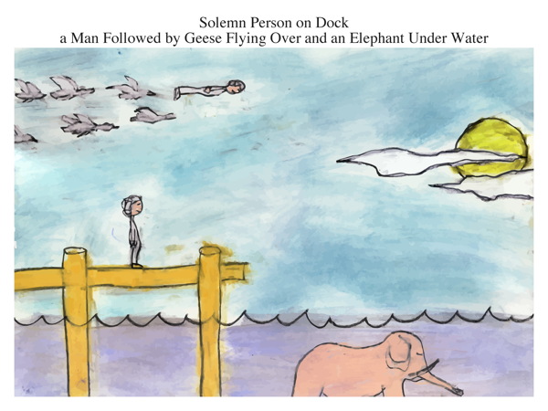 Solemn Person on Dock a Man Followed by Geese Flying Over and an Elephant Under Water