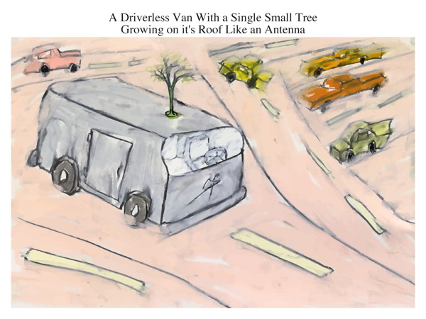 A Driverless Van With a Single Small Tree Growing on it's Roof Like an Antenna