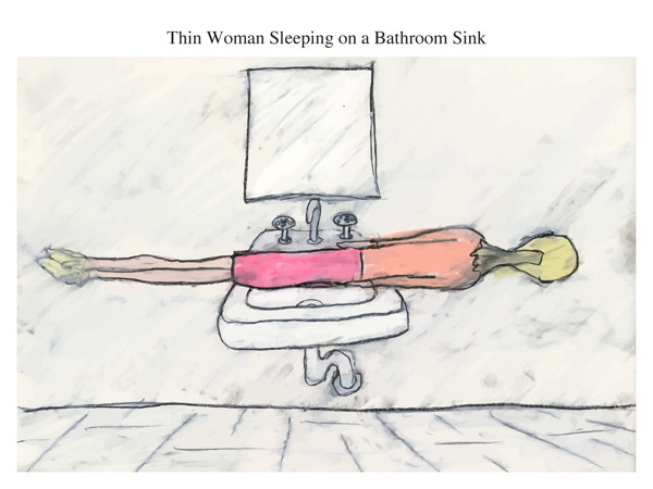 Thin Woman Sleeping on a Bathroom Sink