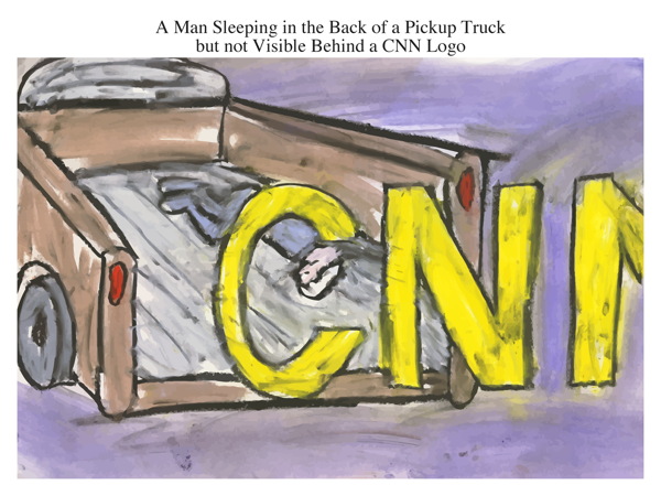 A Man Sleeping in the Back of a Pickup Truck but not Visible Behind a CNN Logo