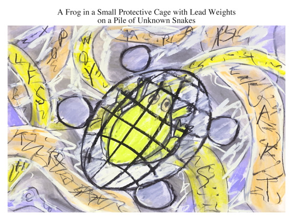 A Frog in a Small Protective Cage with Lead Weights on a Pile of Unknown Snakes