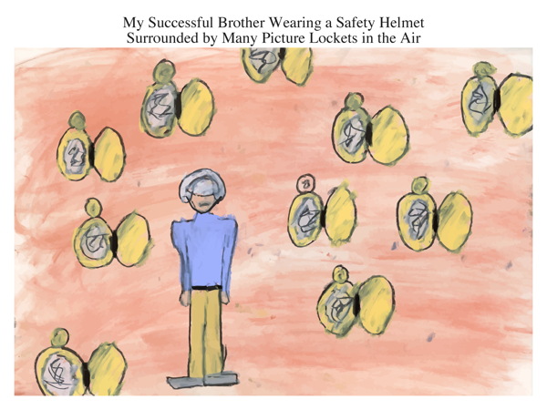 My Successful Brother Wearing a Safety Helmet Surrounded by Many Picture Lockets in the Air