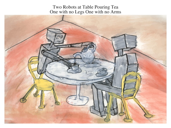 Two Robots at Table Pouring Tea One with no Legs One with no Arms
