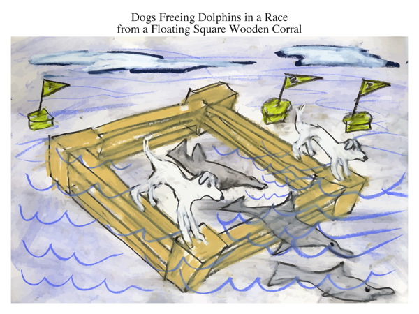Dogs Freeing Dolphins in a Race from a Floating Square Wooden Corral