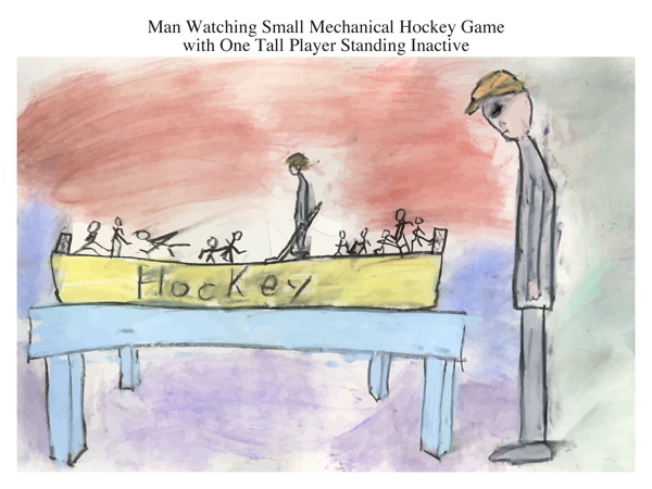Man Watching Small Mechanical Hockey Game with One Tall Player Standing Inactive