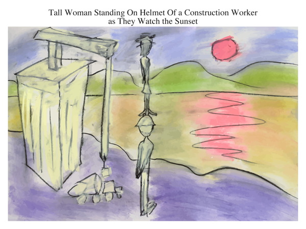 Tall Woman Standing On Helmet Of a Construction Worker as They Watch the Sunset
