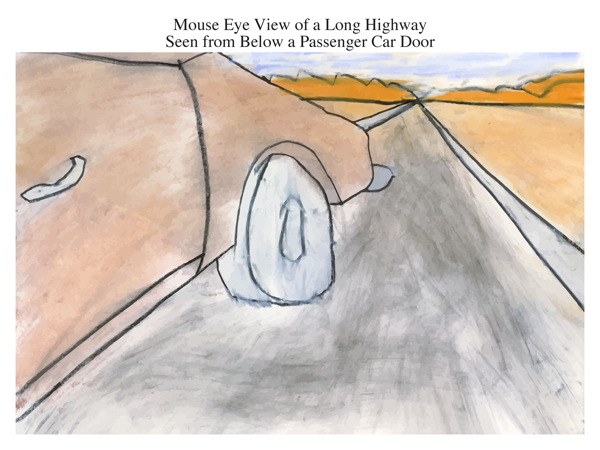 Mouse Eye View of a Long Highway Seen from Below a Passenger Car Door
