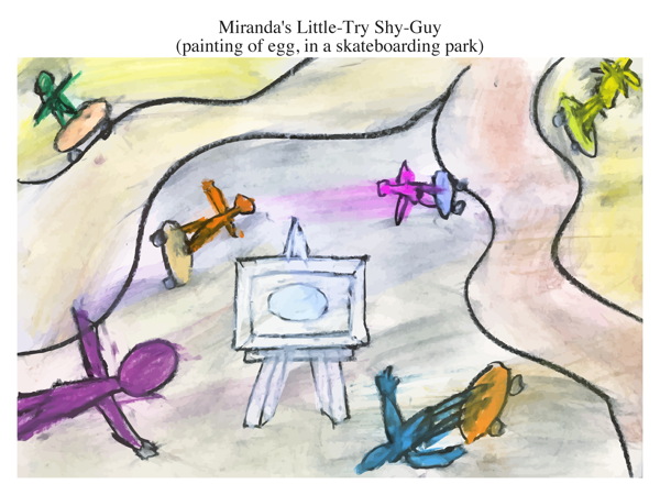 Miranda's Little-Try Shy-Guy (painting of egg, in a skateboarding park)