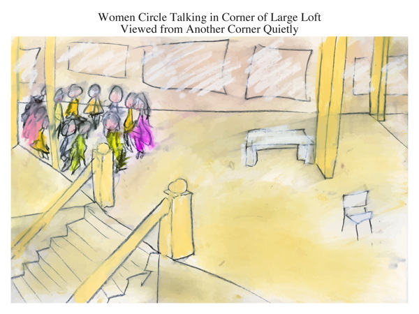 Women Circle Talking in Corner of Large Loft Viewed from Another Corner Quietly