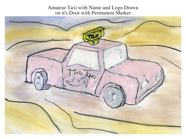 Amateur Taxi with Name and Logo Drawn on it's Door with Permanent Marker